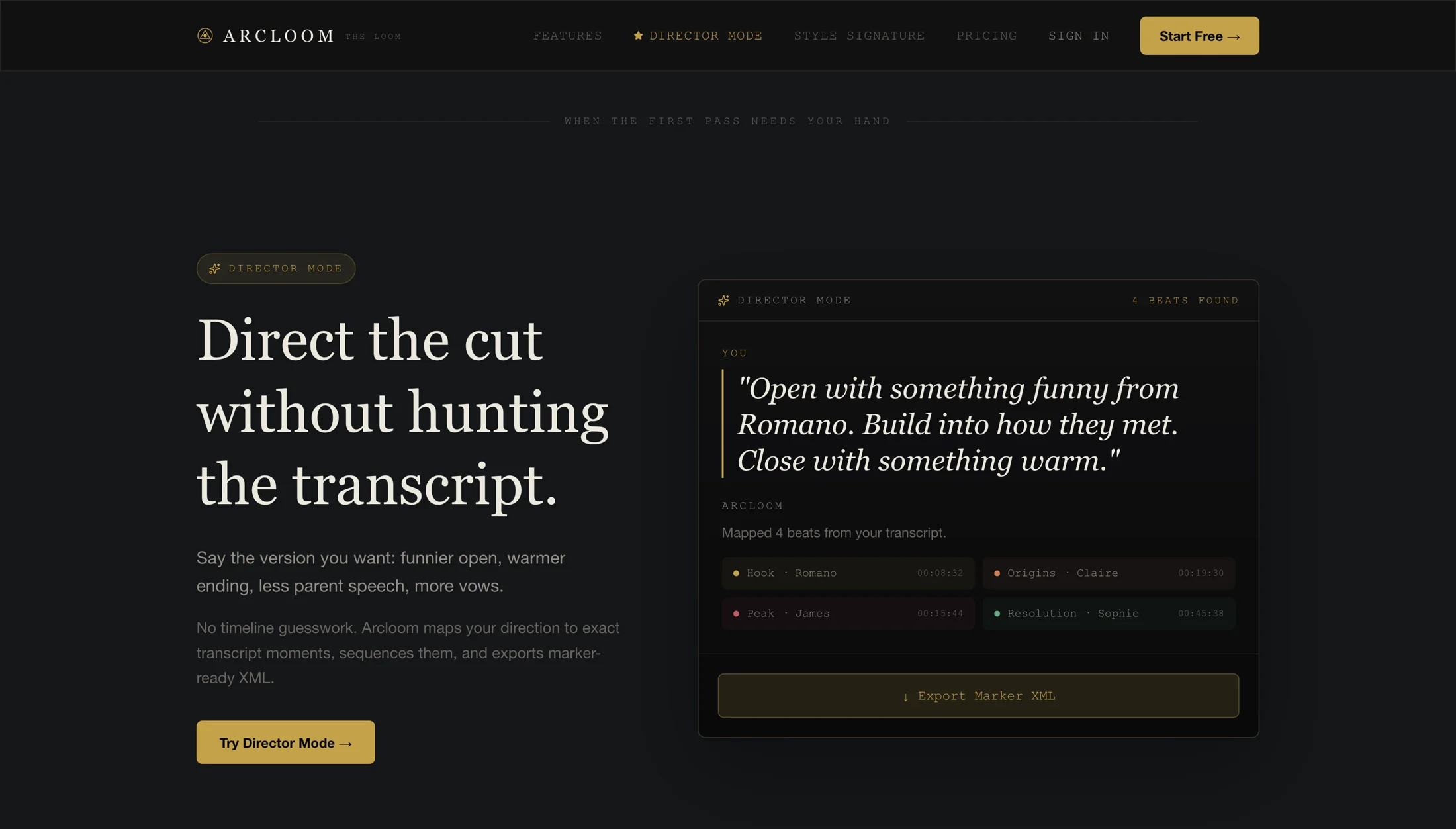 Arcloom Director Mode section showing creative direction mapped to transcript beats.
