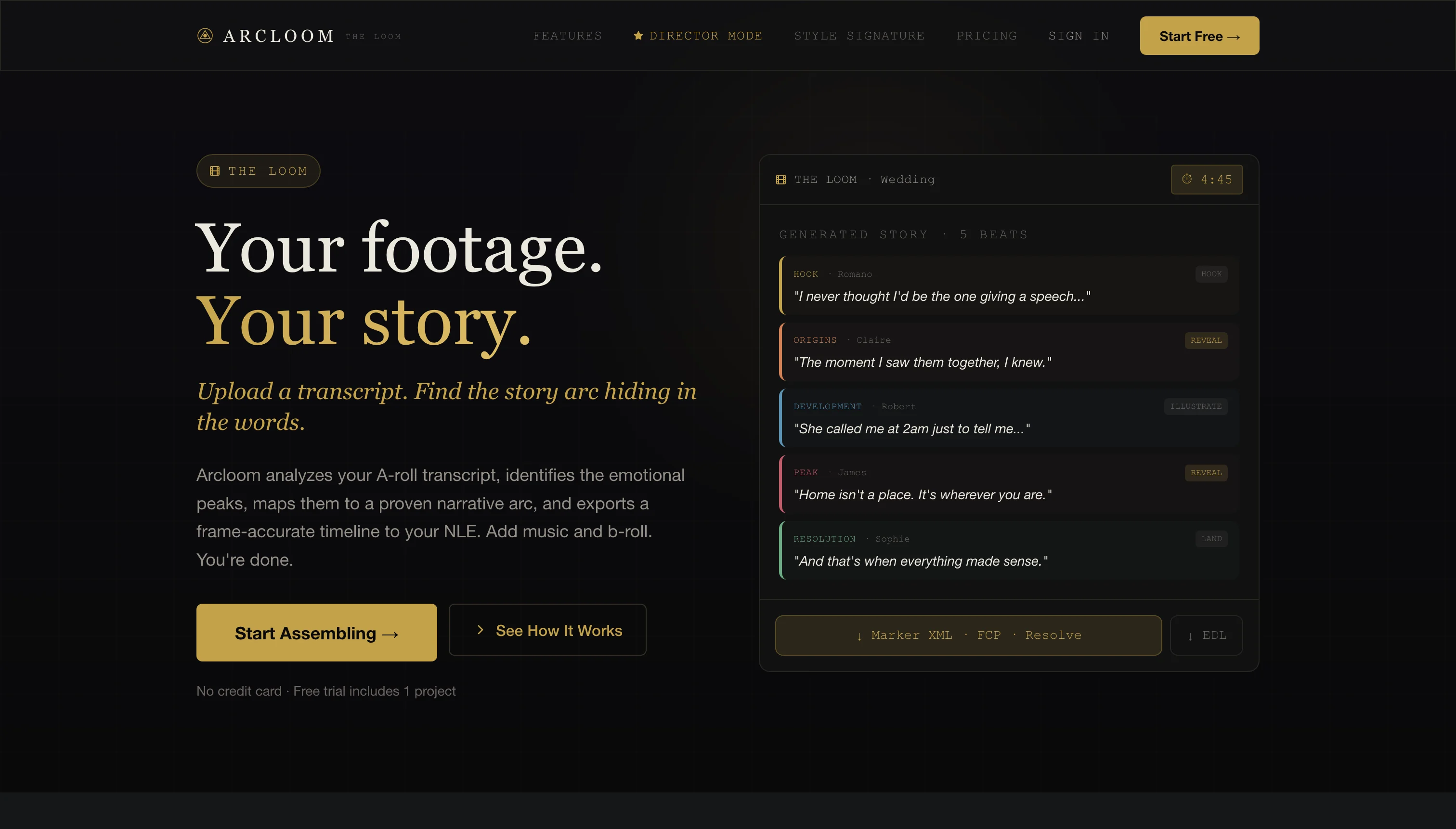 Arcloom landing page hero with story beat preview.