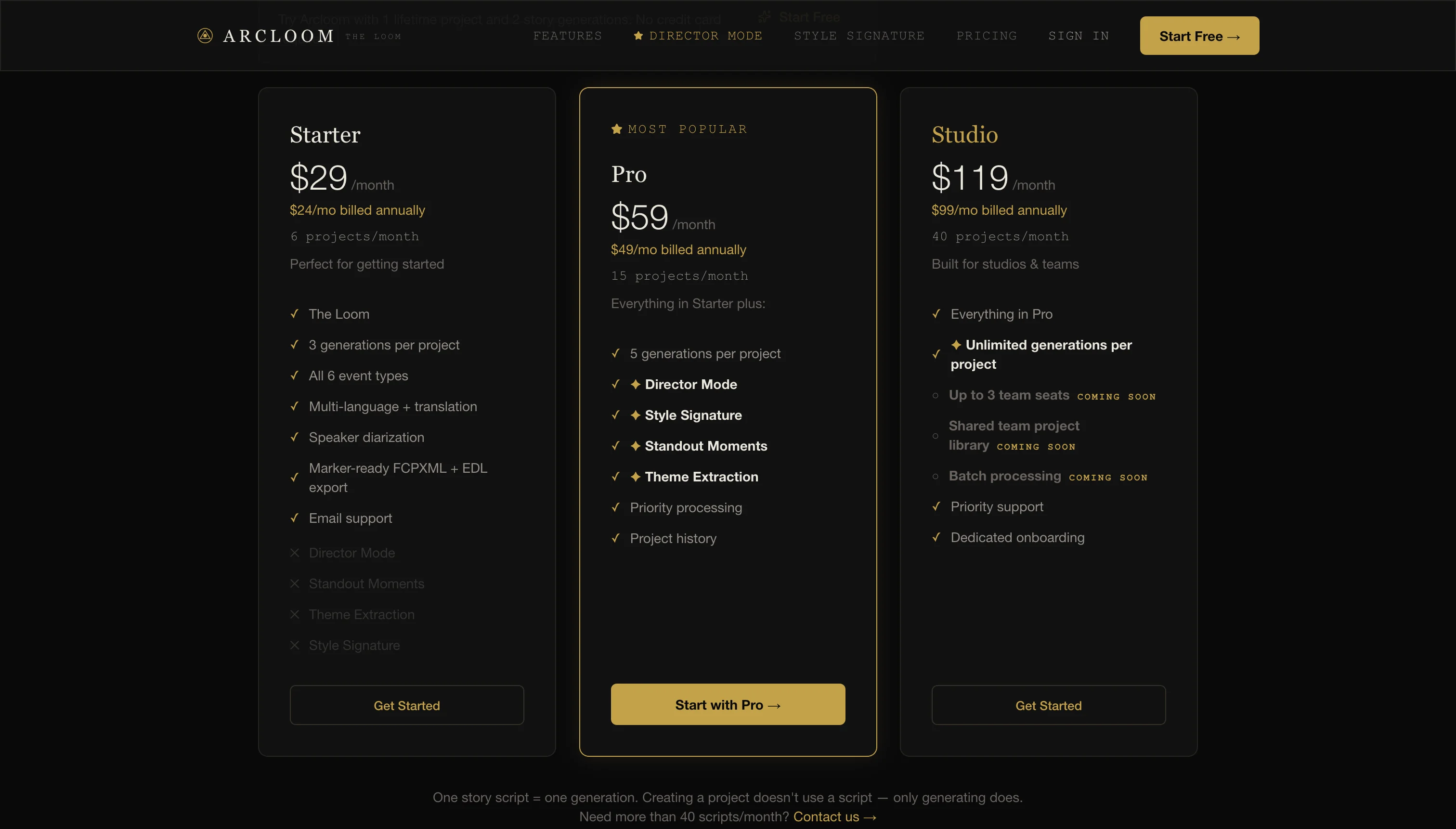 Arcloom pricing page with Starter, Pro, and Studio plans.