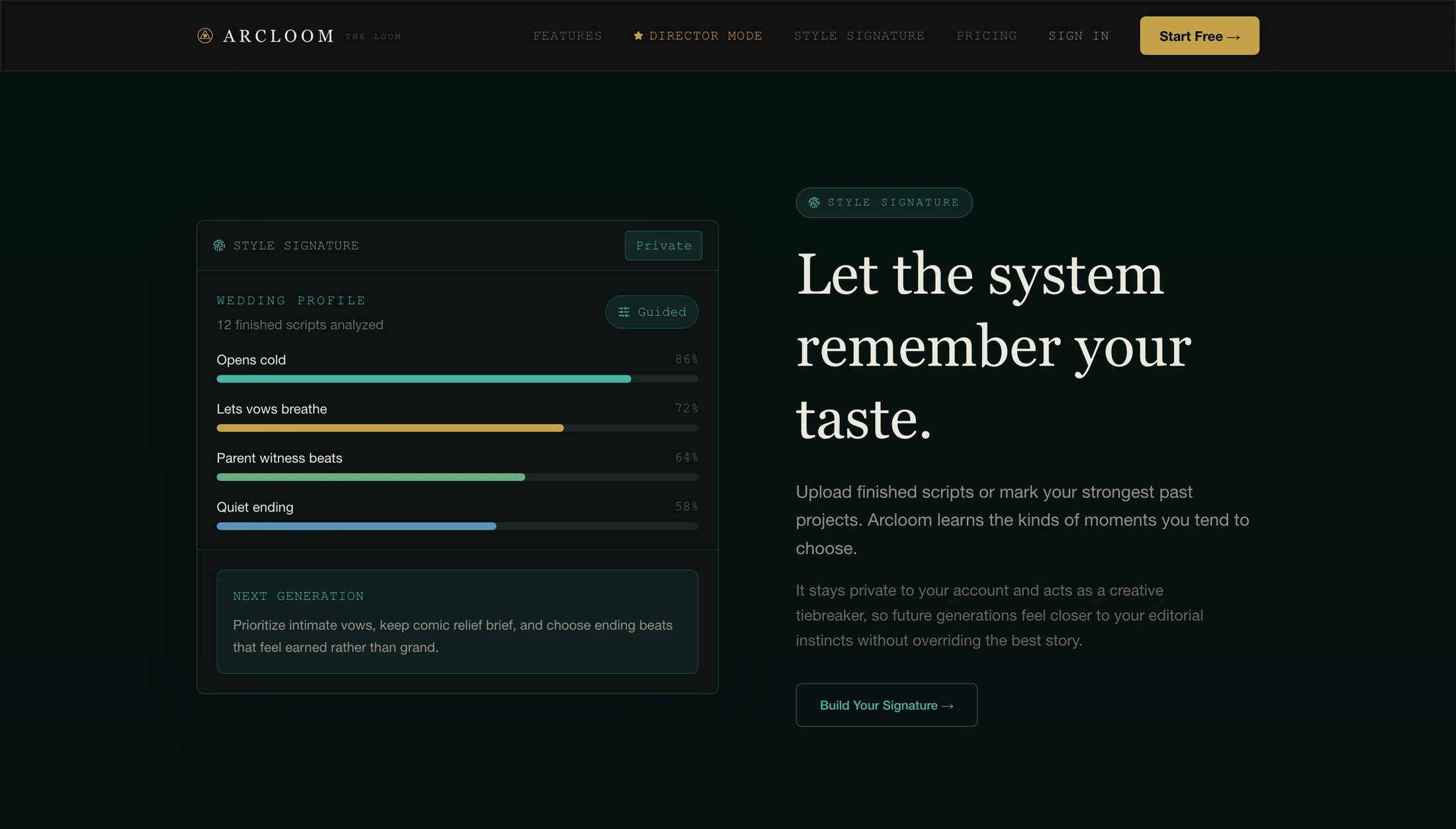 Arcloom Style Signature section showing editing preferences learned from past projects.