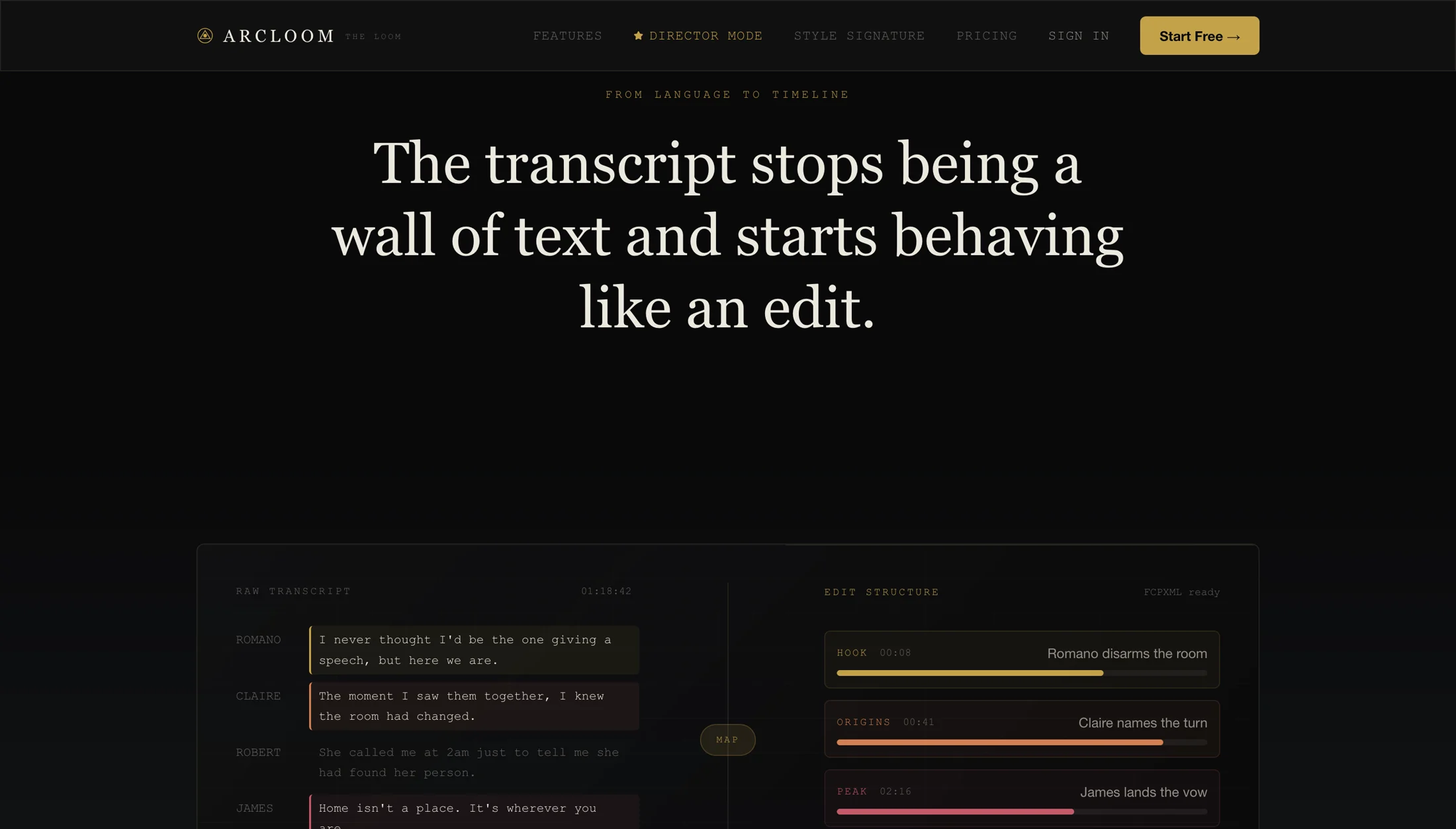 Arcloom website section showing transcript lines mapped into an edit structure.