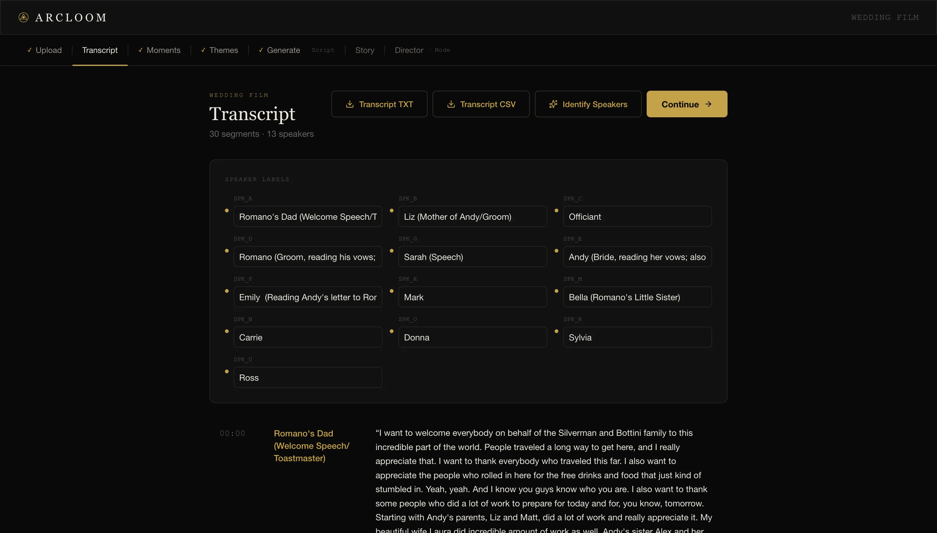 Arcloom transcript screen with speaker labels and transcript export controls.
