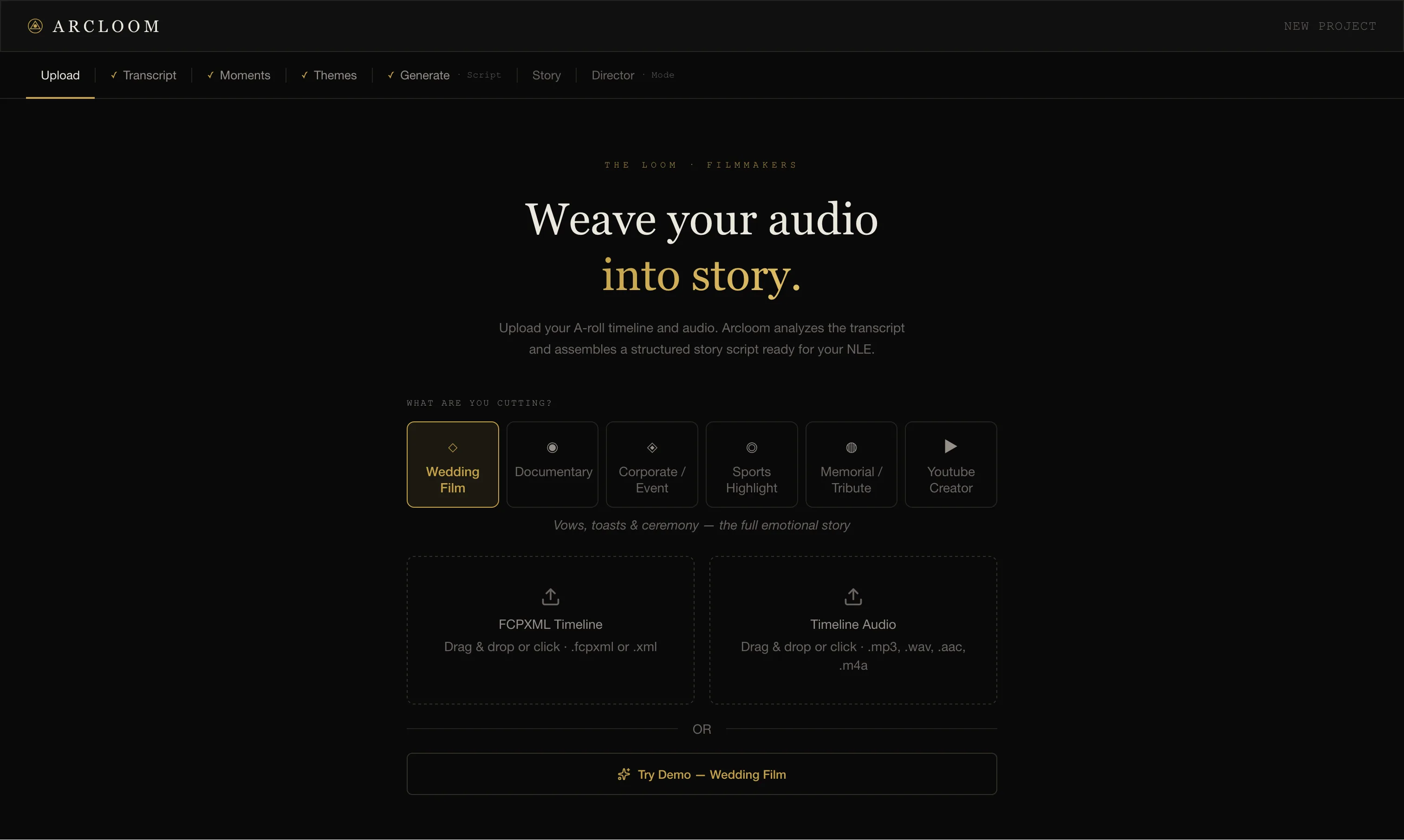 Arcloom upload screen for choosing project type and adding timeline audio.