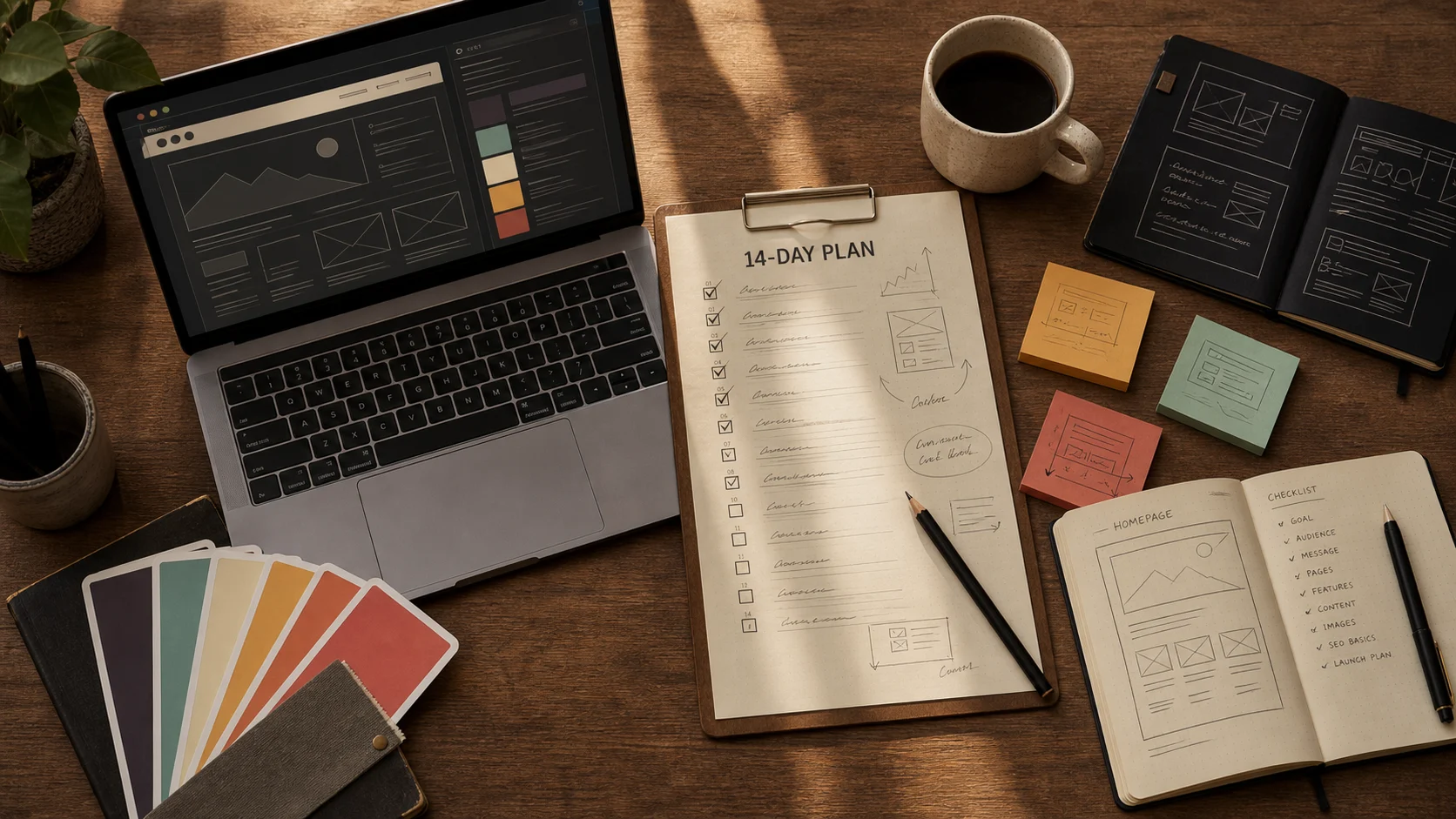 A design desk with a laptop, checklist, notes, and color swatches for a website planning article.