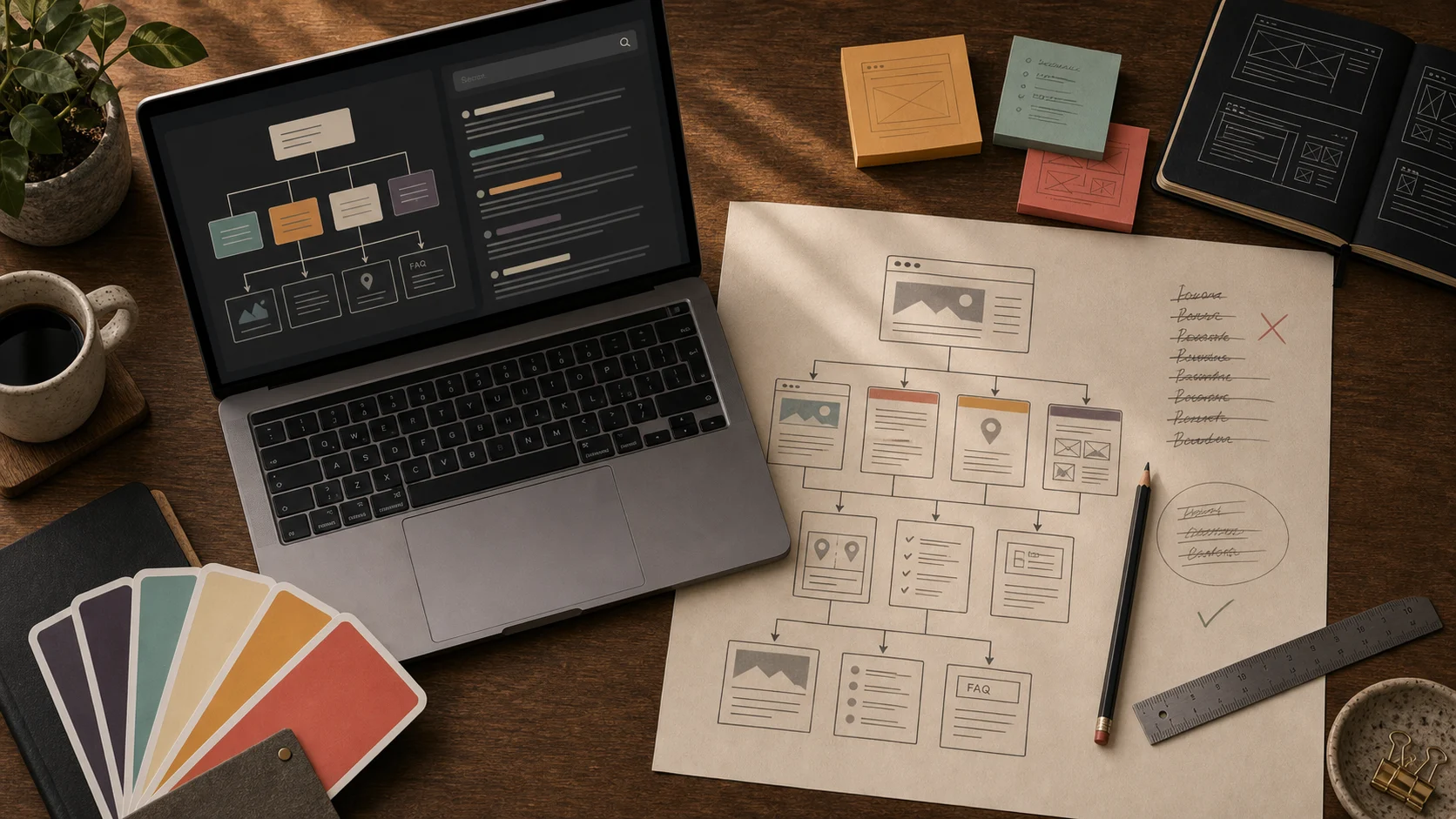 A desk with a laptop, sitemap diagram, search blocks, location pins, and SEO planning notes.