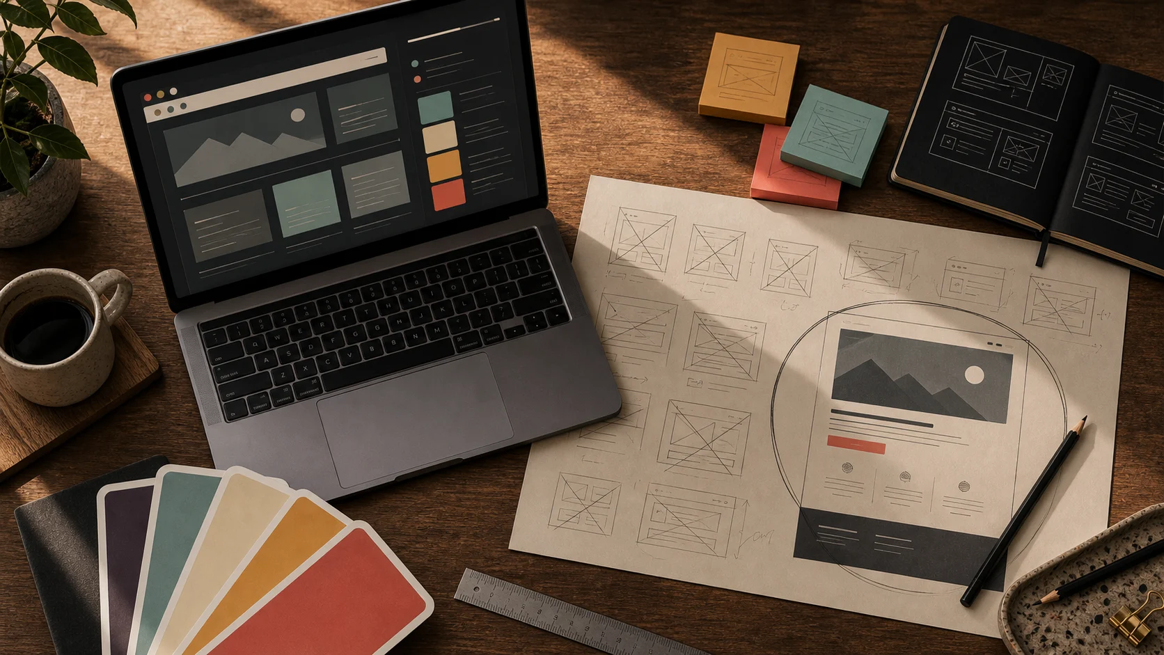 A design desk with a laptop, marked-up layouts, crossed-out options, and color swatches.