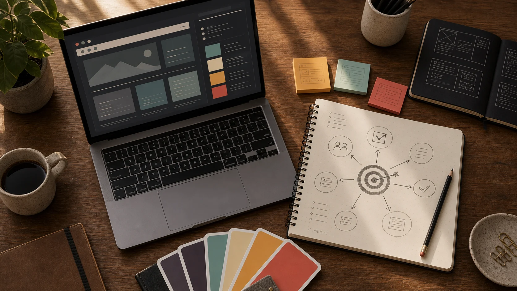 A strategy desk with a laptop, decision map, target sketch, notes, and color swatches.