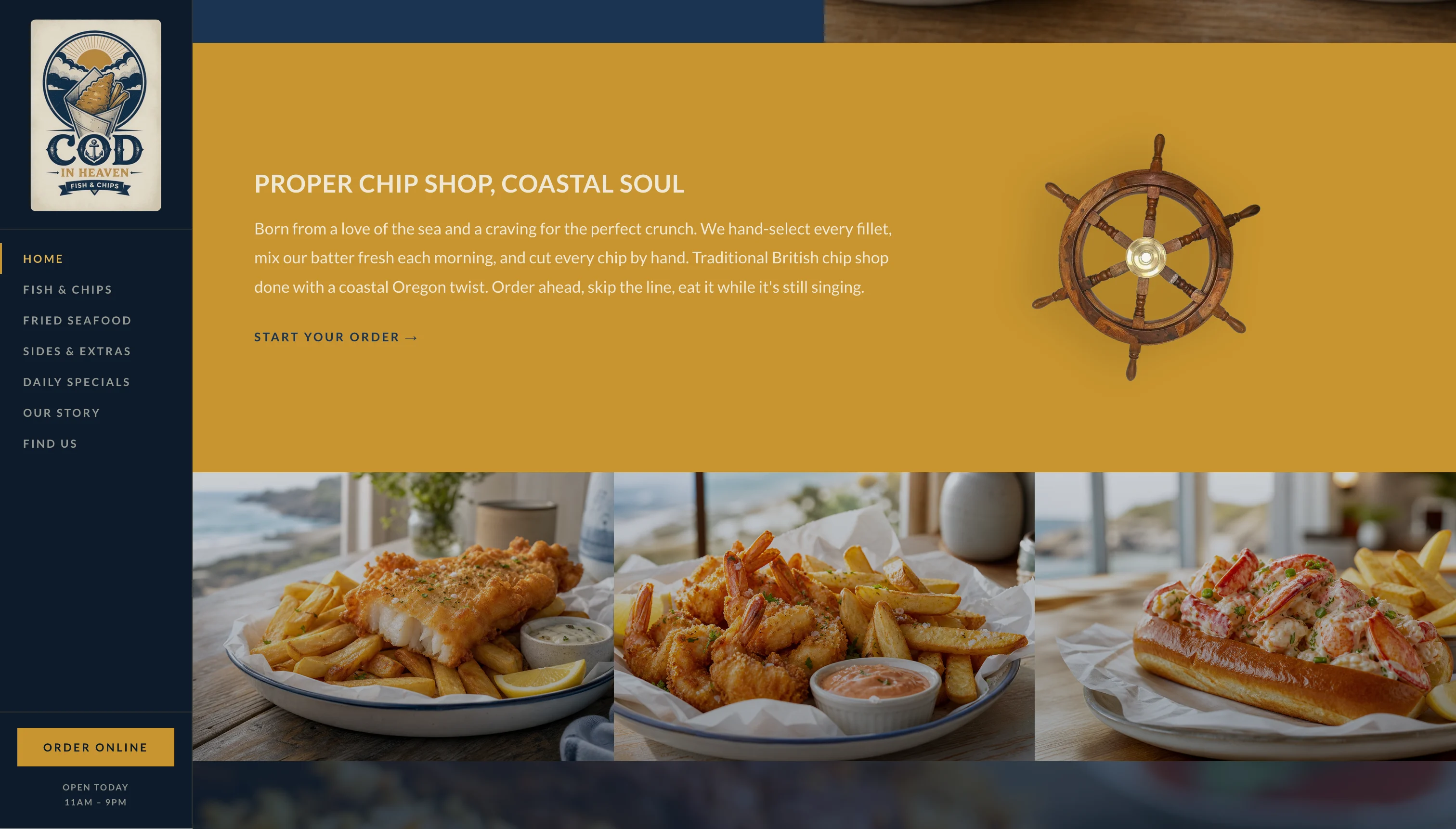 Cod In Heaven coastal brand panel with food photography.