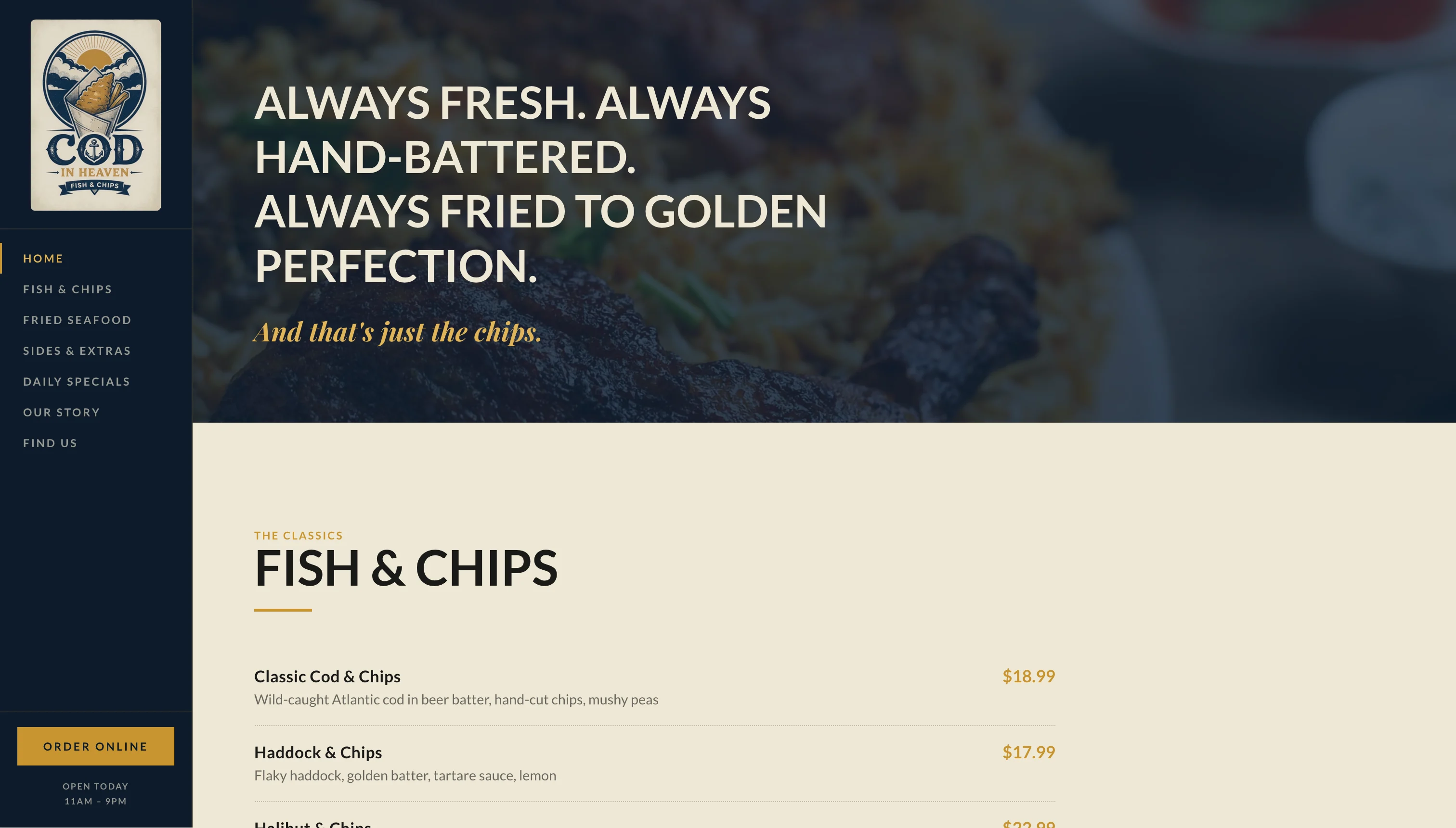 Cod In Heaven fish and chips menu section.