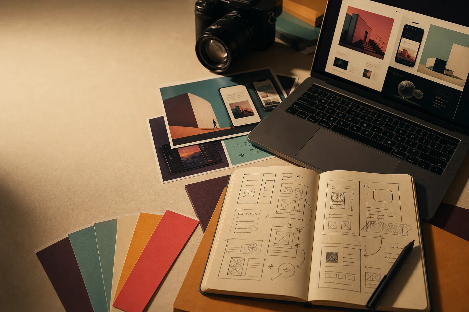 Laptop with website and app mockups beside an open notebook filled with design wireframe sketches.