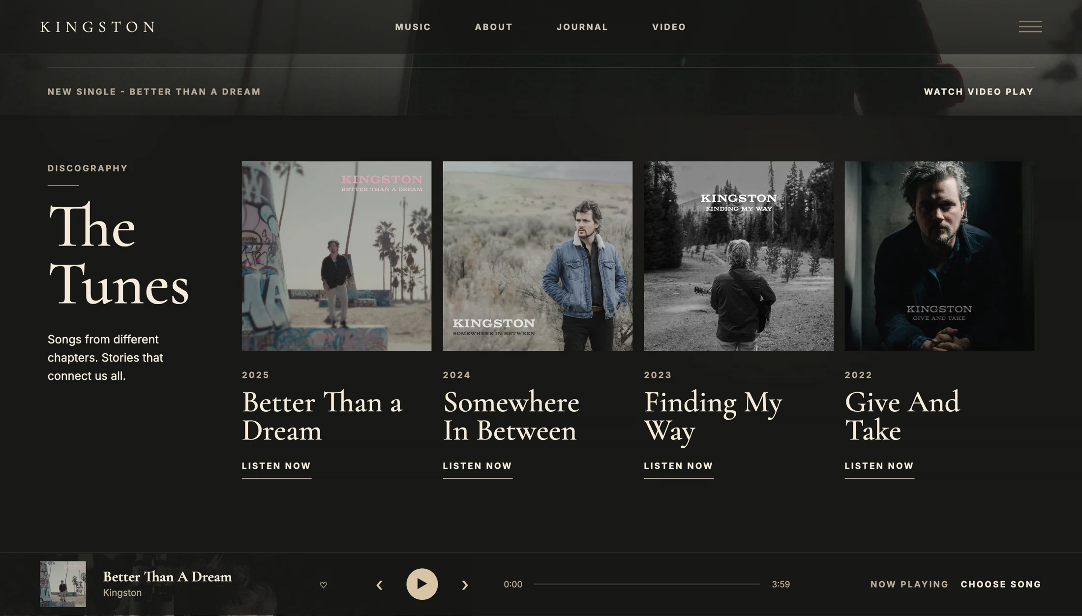 Kingston discography section with albums, song cards, and persistent audio player.