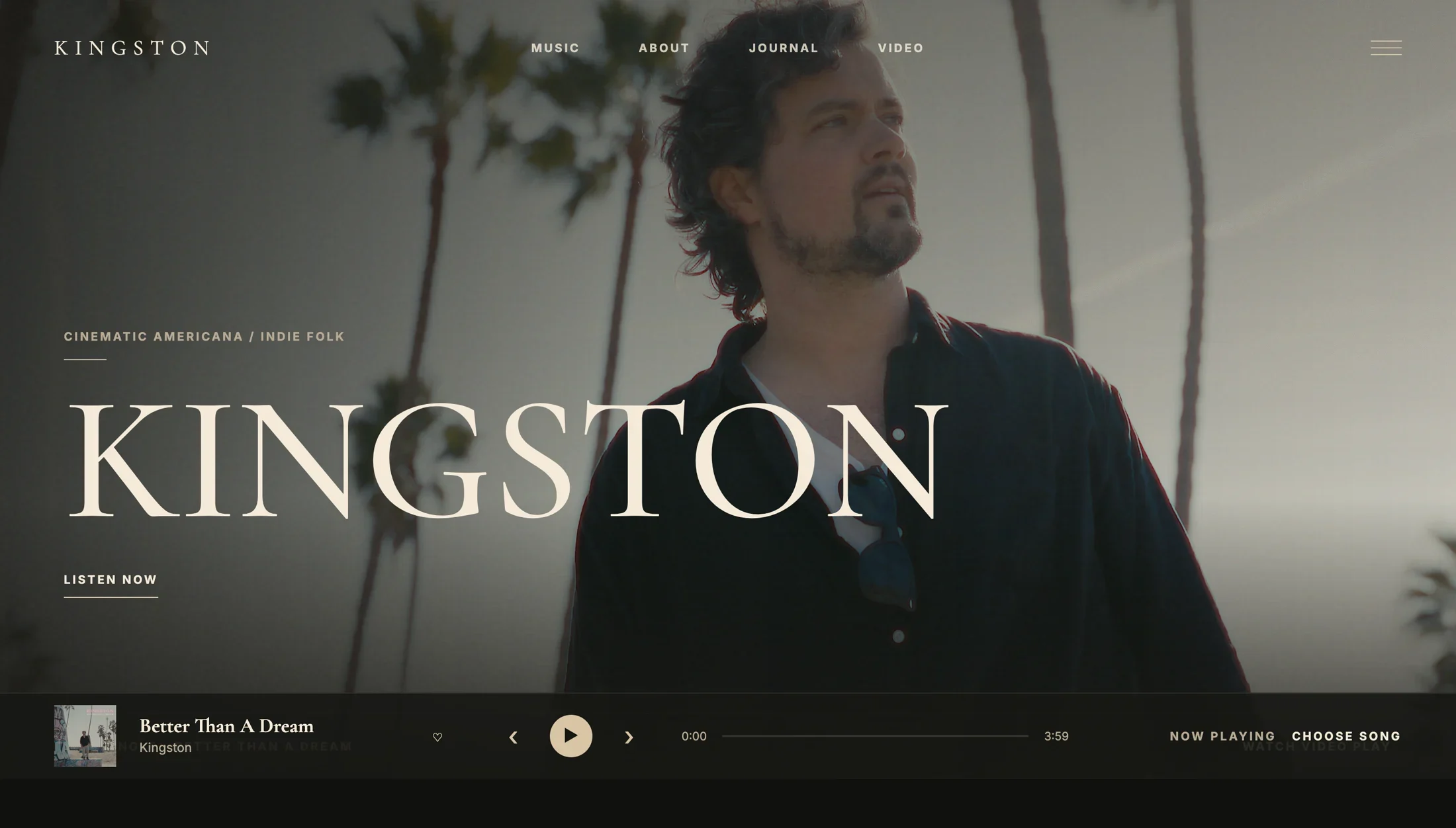 Kingston artist website homepage with cinematic portrait, navigation, and music player.
