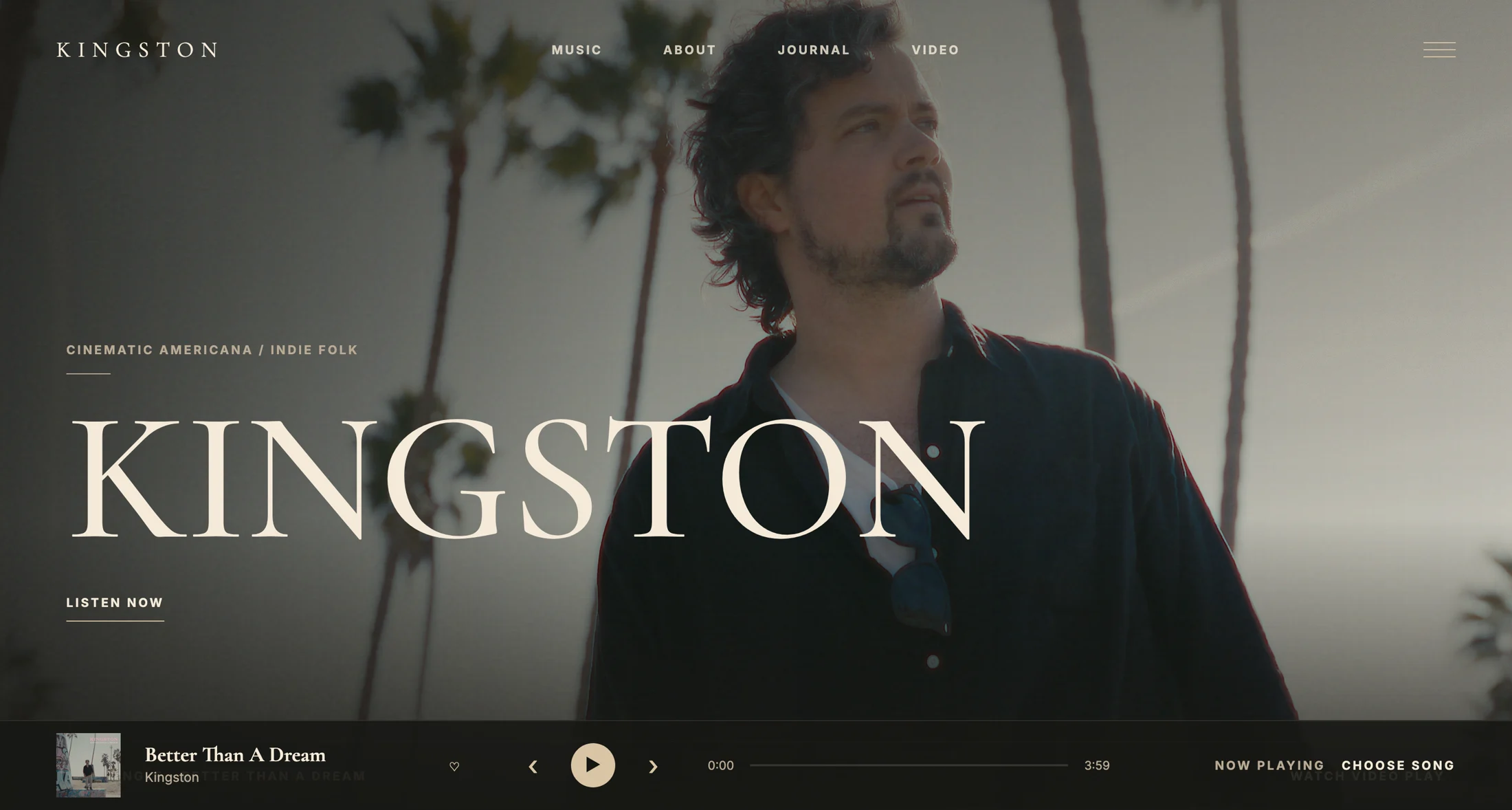 Kingston cinematic Americana artist website homepage with music player.