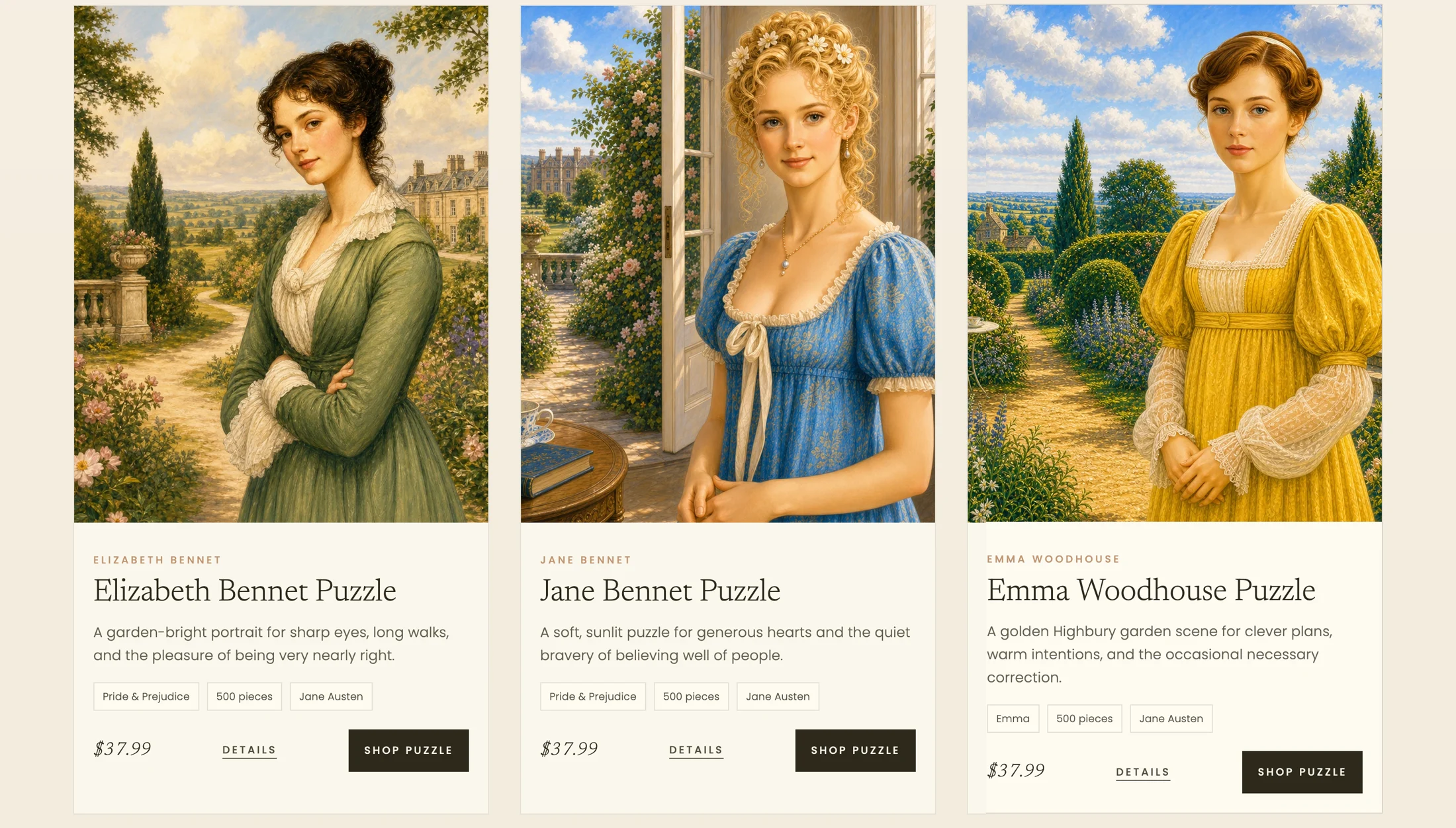 Literary Heroines puzzle product grid with classic heroine portraits.