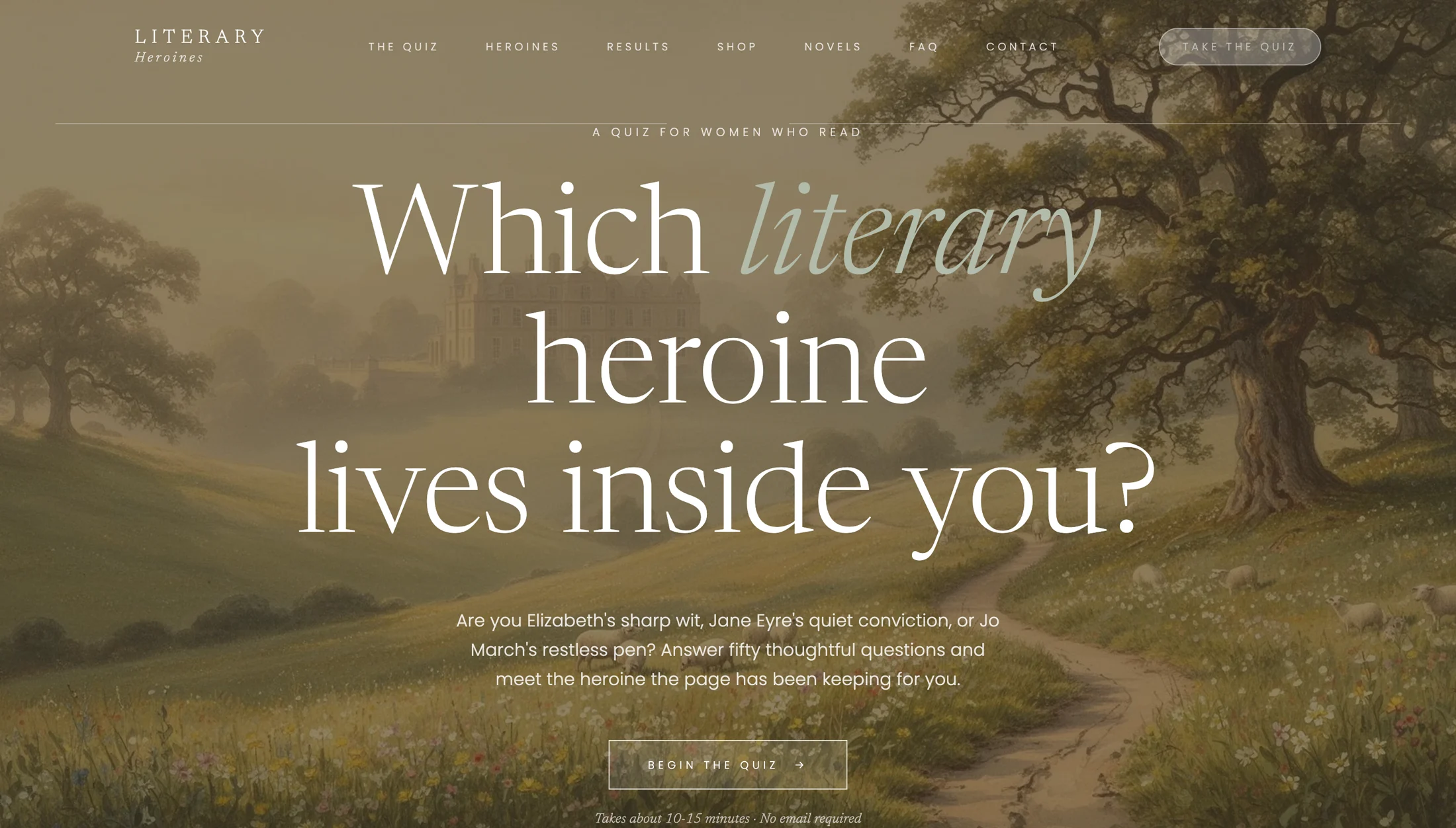 Literary Heroines quiz homepage with countryside illustration and quiz call to action.