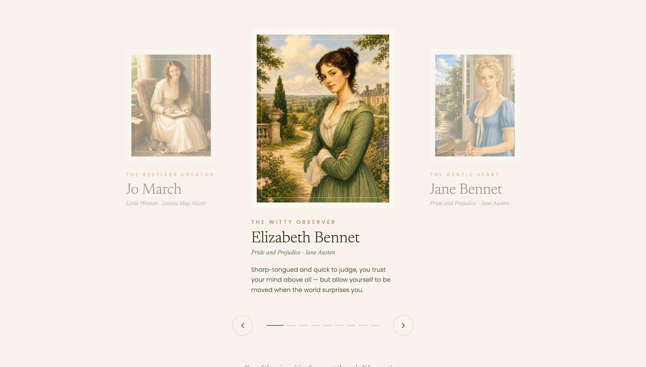 Literary Heroines result carousel with Elizabeth Bennet as the featured heroine.