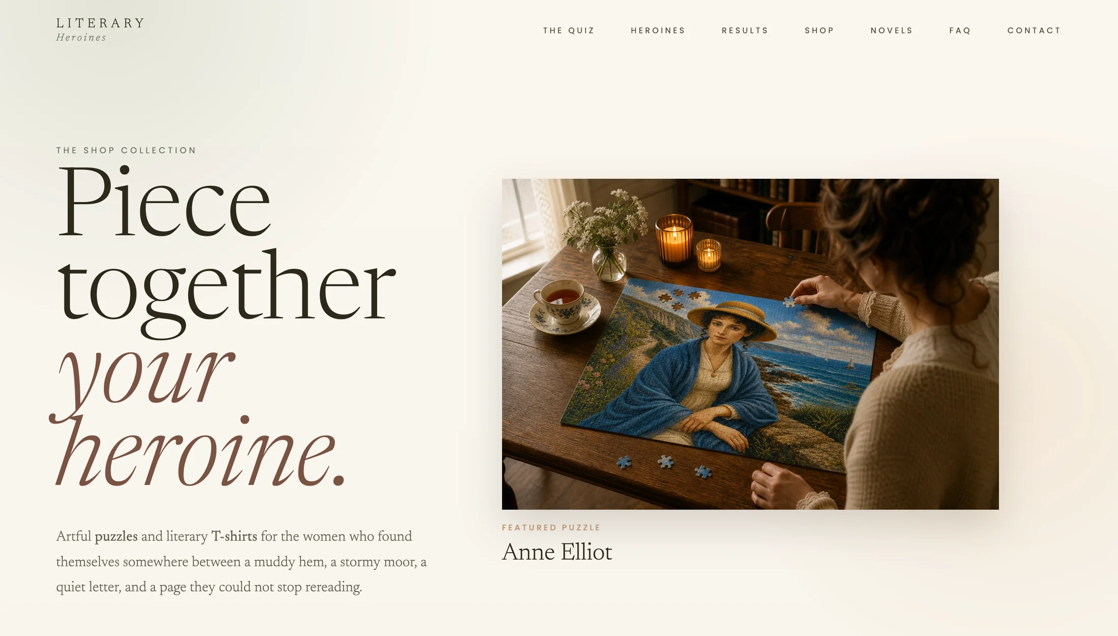 Literary Heroines shop homepage with puzzle feature and product copy.