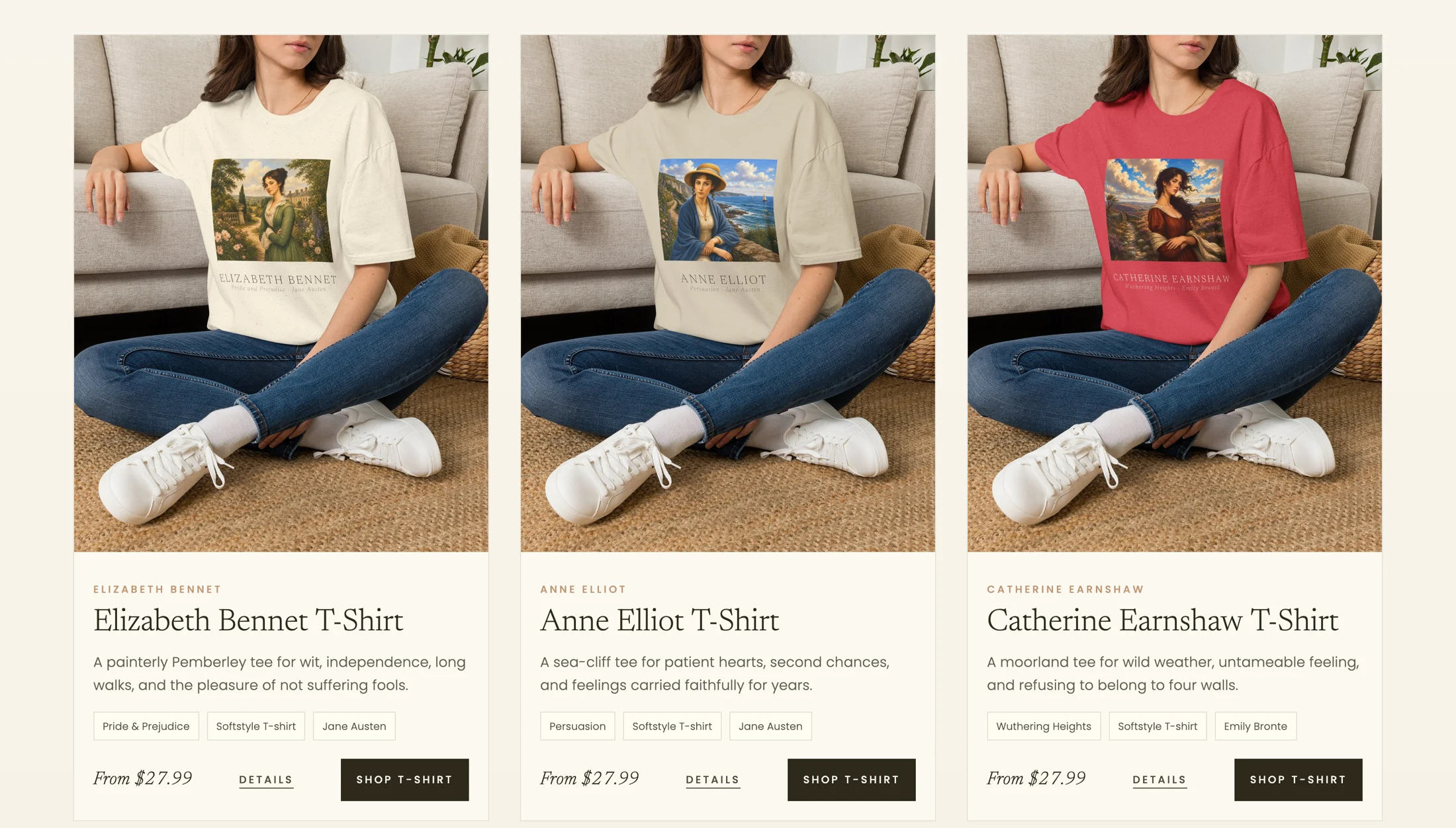 Literary Heroines T-shirt product grid with classic heroine designs.
