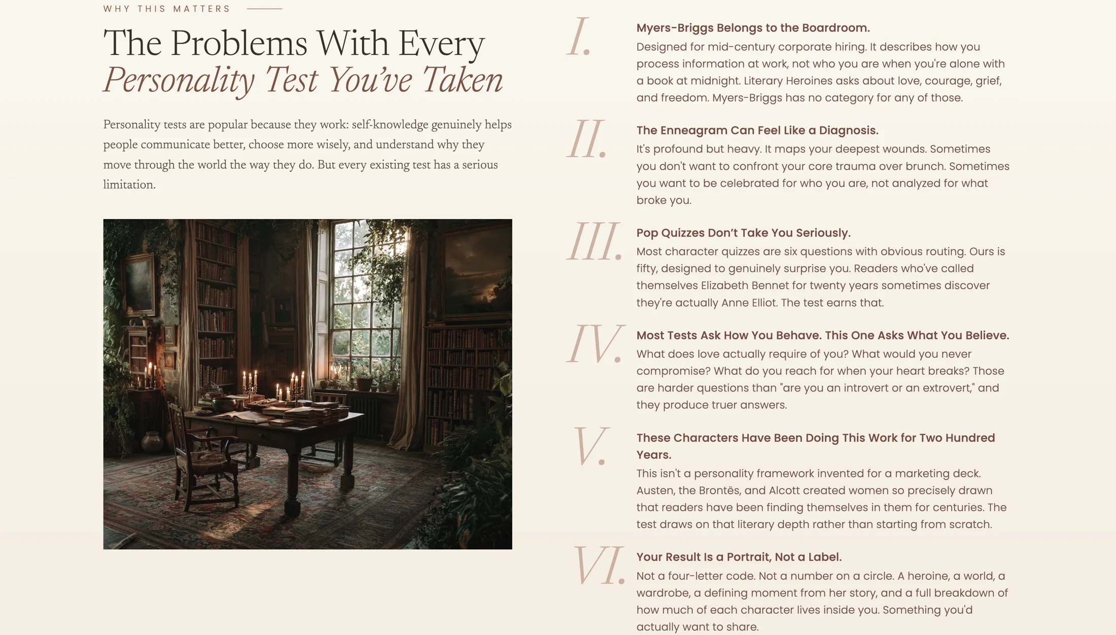 Literary Heroines editorial section explaining the problems with personality tests.