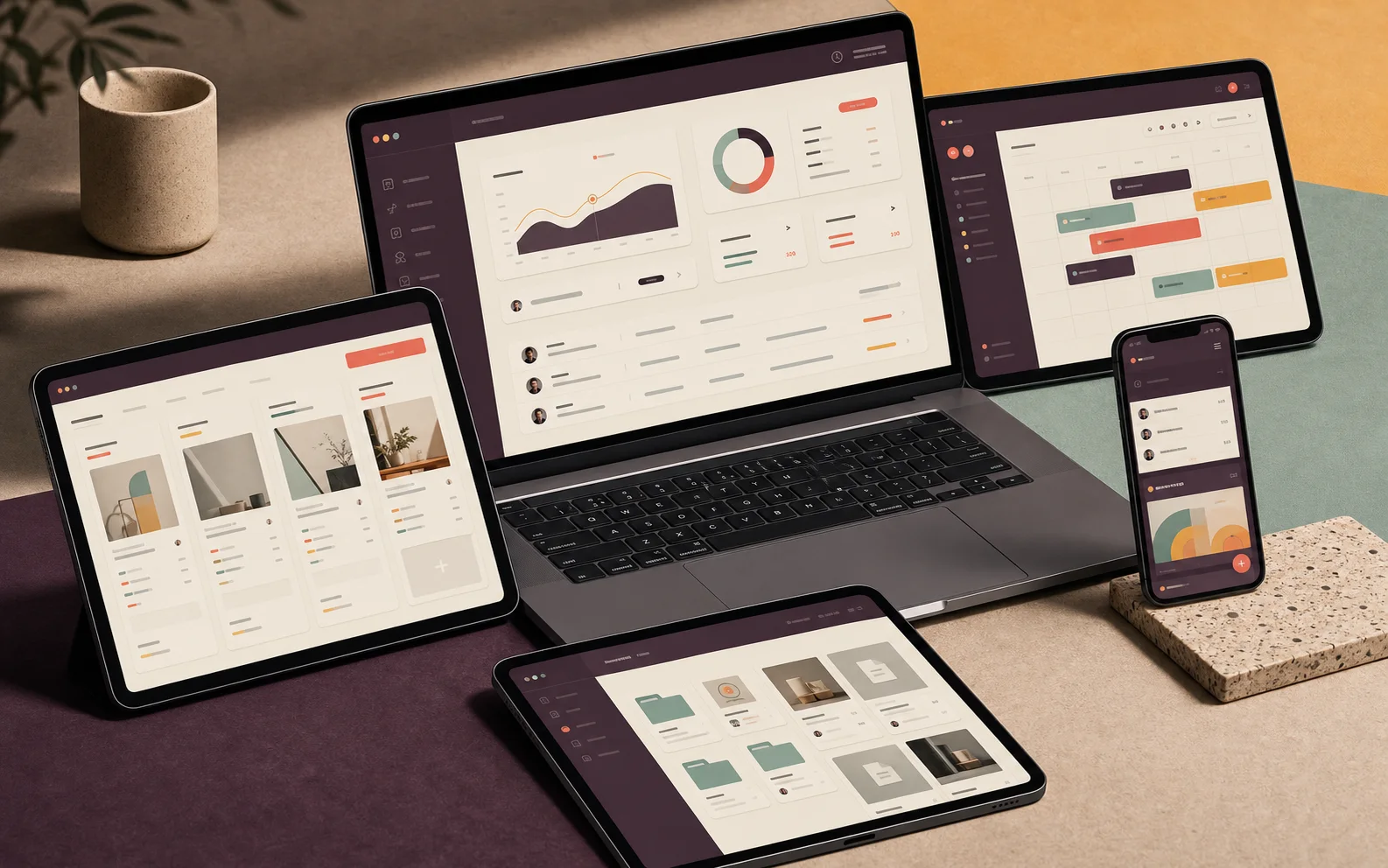 Custom client portal dashboard mockup with workflow screens.