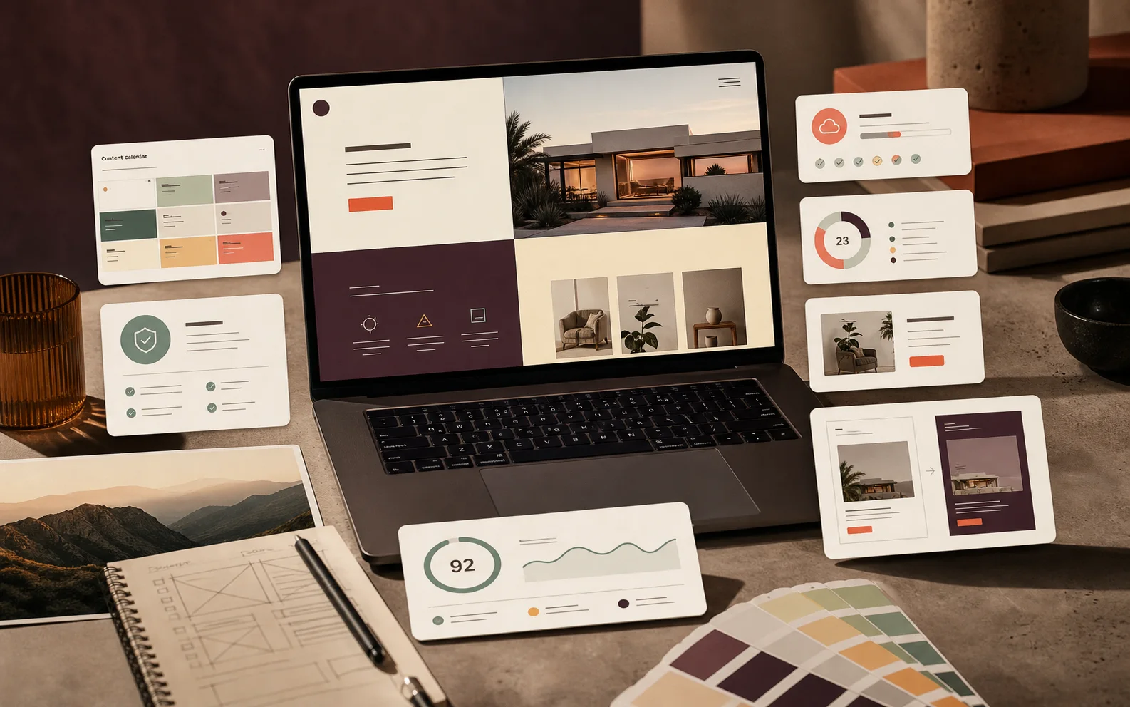 Managed website upkeep dashboard mockup with update and security panels.