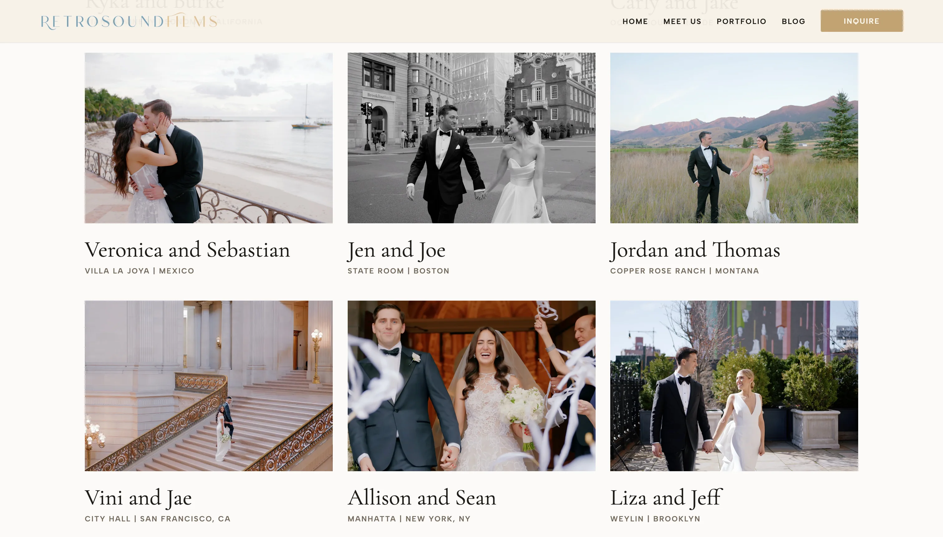 Retrosound Films expanded wedding film portfolio grid with couples and venue locations.