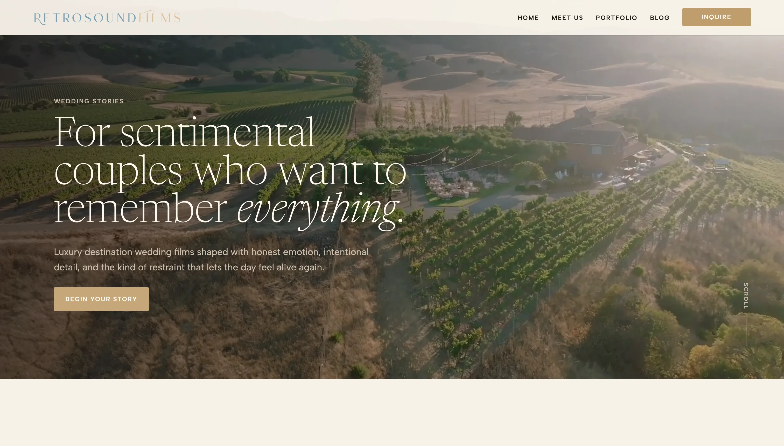 Retrosound Films homepage hero with vineyard wedding venue aerial and inquiry navigation.