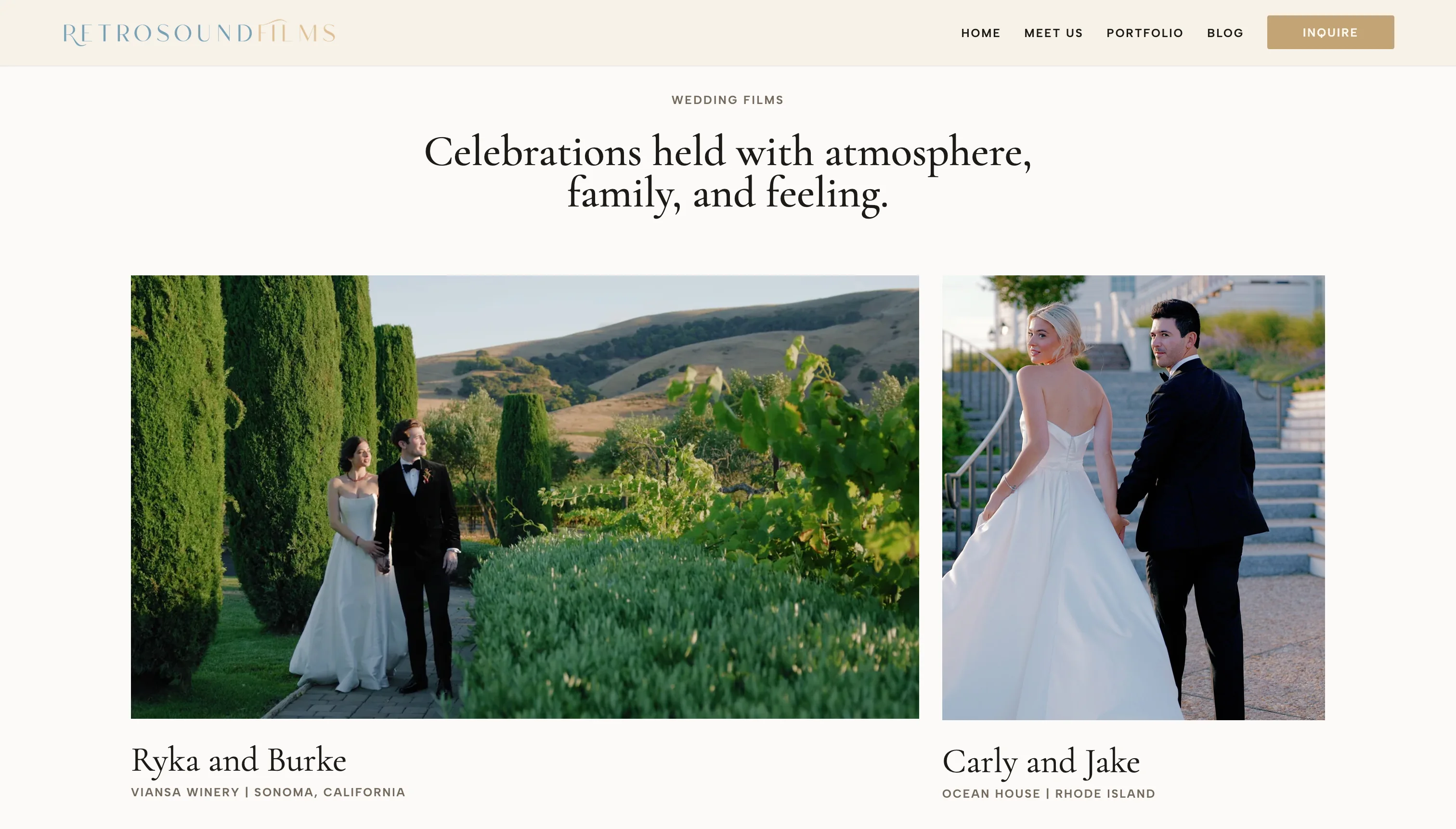 Retrosound Films portfolio page with two featured wedding films and venue details.
