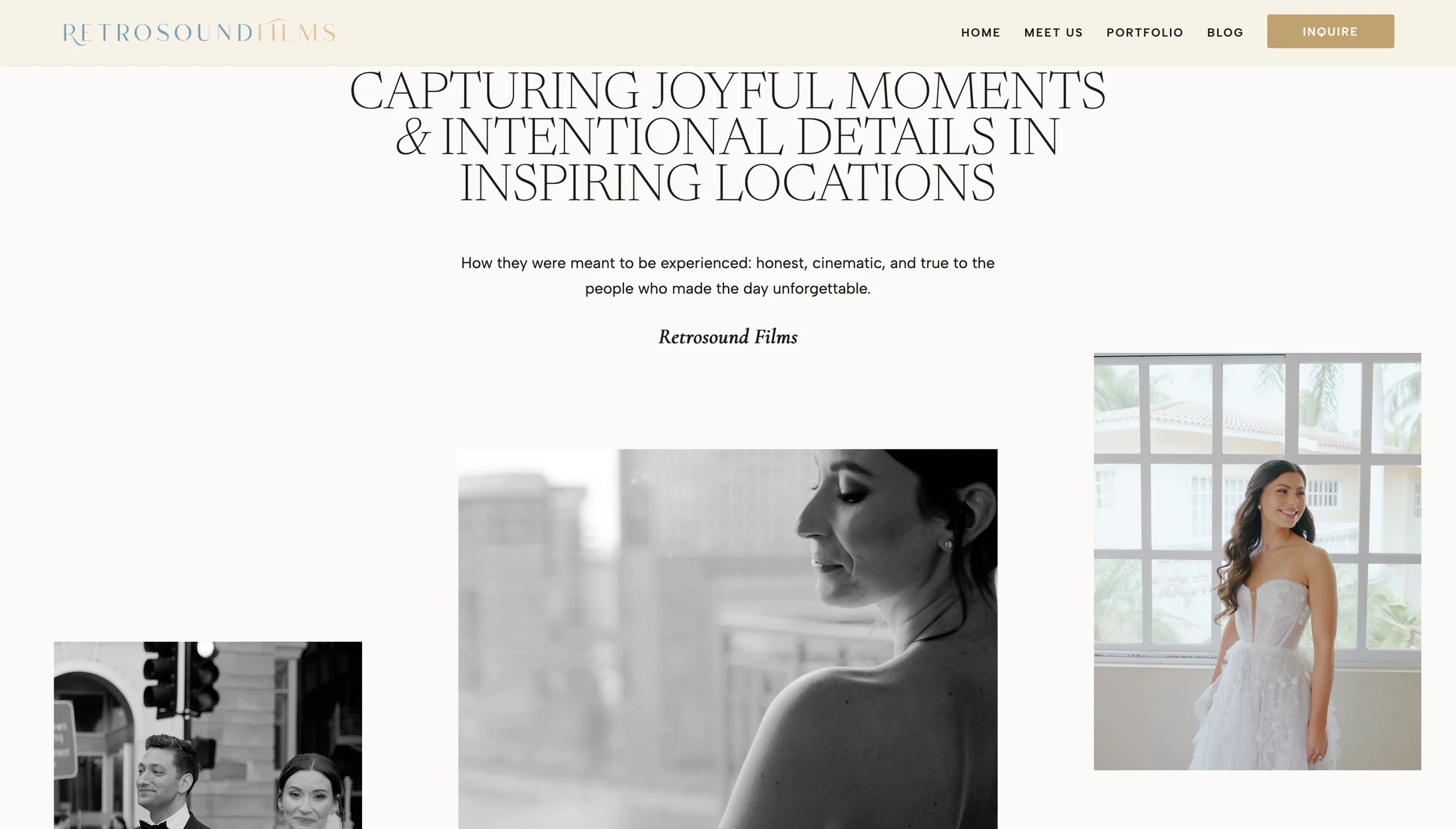 Retrosound Films positioning section with editorial wedding imagery and statement copy.