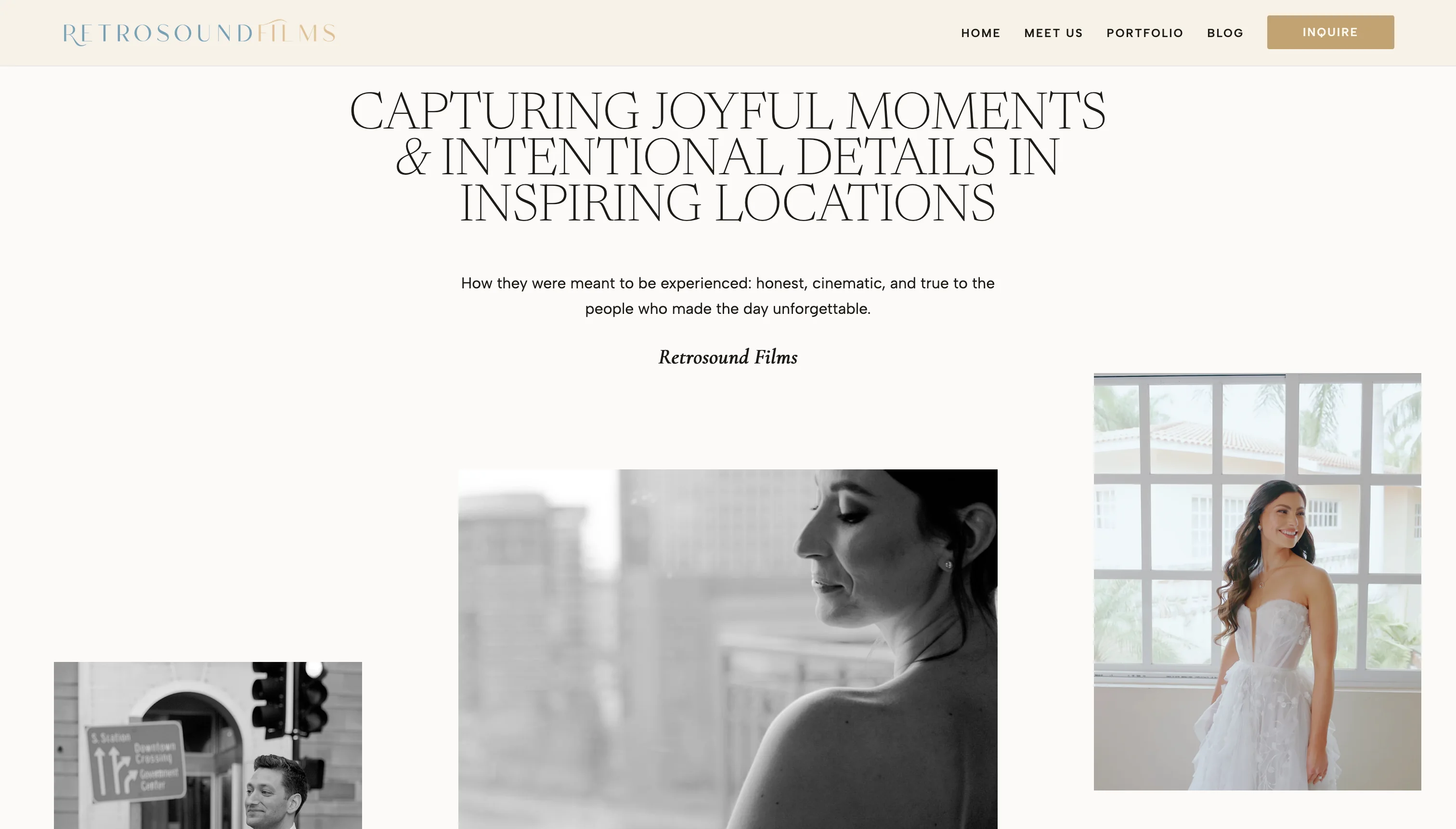 Retrosound Films positioning section with editorial wedding imagery and statement copy.
