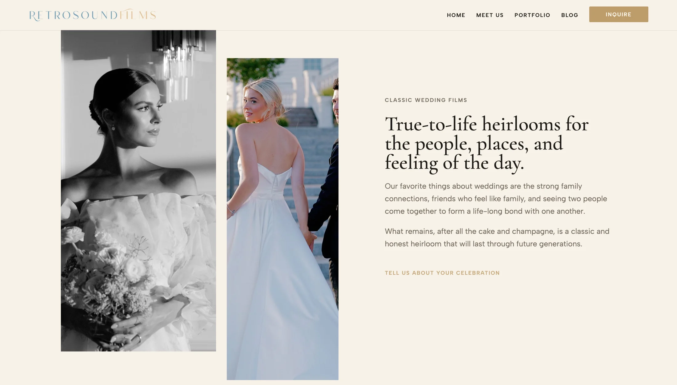 Retrosound Films brand story section with editorial wedding imagery and heirloom copy.