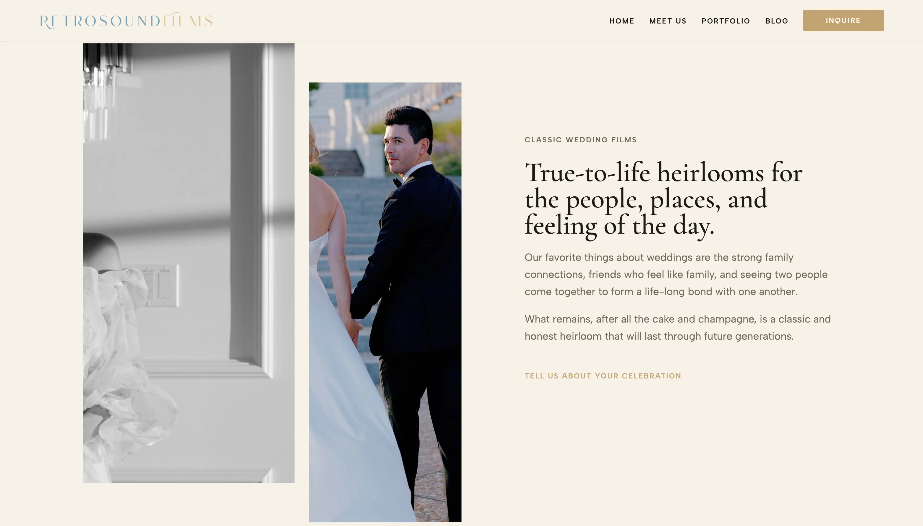 Retrosound Films brand story section with editorial wedding imagery and heirloom copy.
